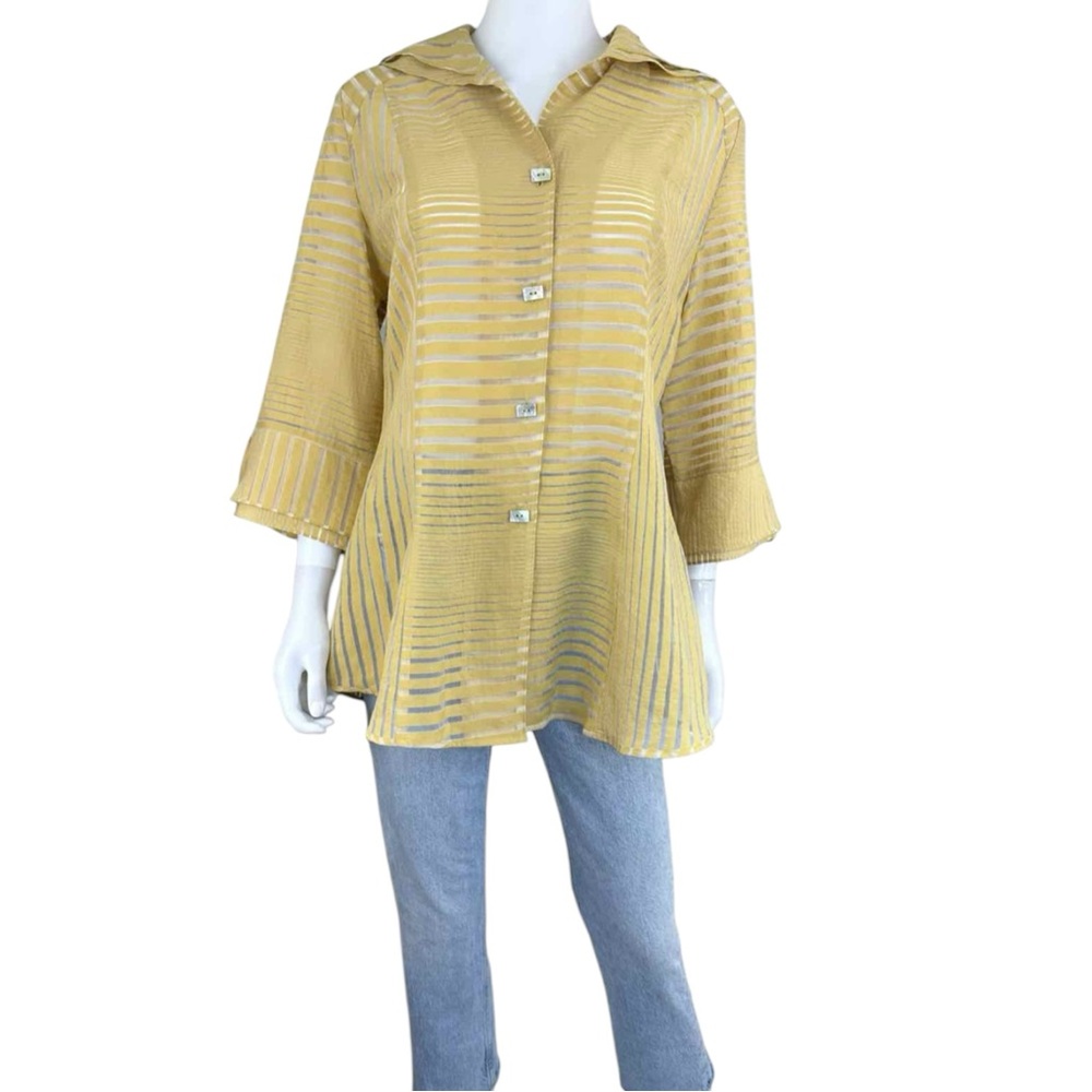 IC COLLECTION Golden Yellow Sheer Striped Button-Front Blouse